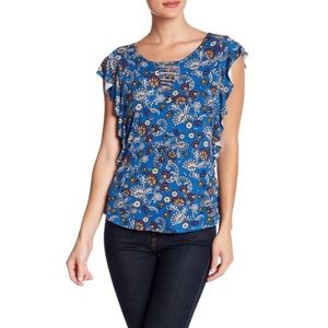 Bobeau | Blue Flutter Sleeve Floral Print Tee